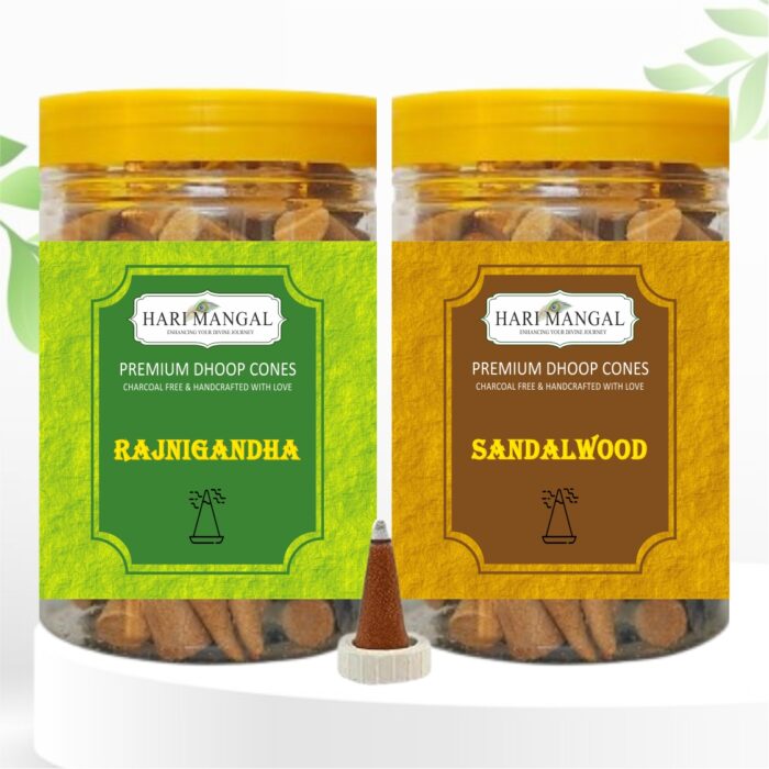 Hari Mangal Dhoop Cones for pooja (140 pcs) - Sandalwood + Rajnigandha (Pack of 2)