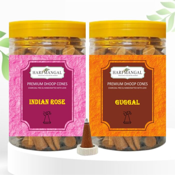 Hari Mangal Dhoop Cones for pooja (140 pcs) - Guggal + Rose (Pack of 2)