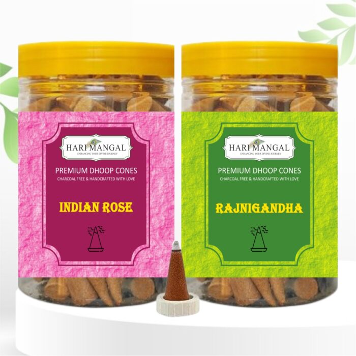 Hari Mangal Dhoop Cones for pooja (140 pcs) - Rose + Rajnigandha (Pack of 2)